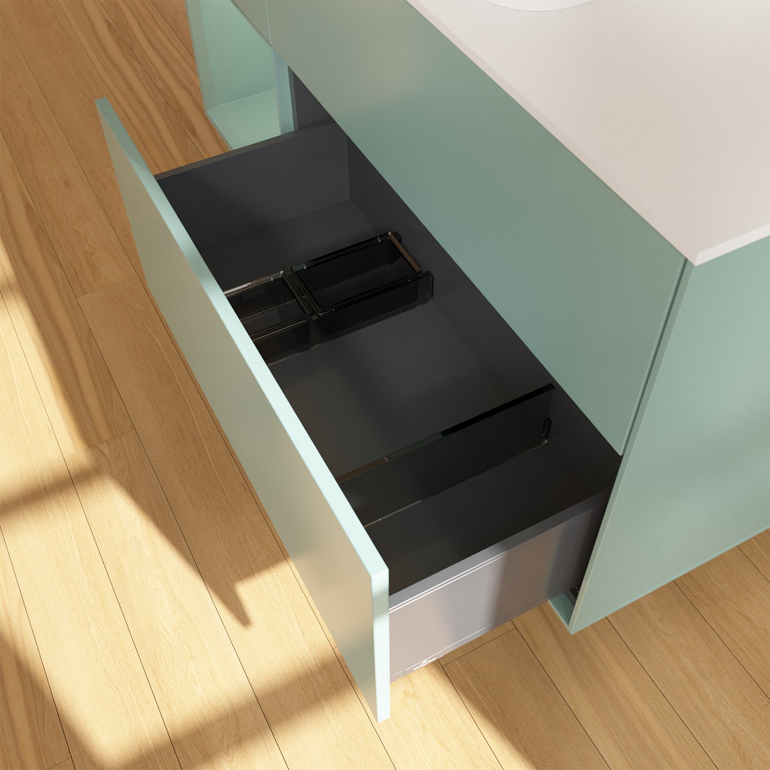 Villeroy & Boch Finion Waschtischunterschrank 120 cm mit Regalelement links und Abdeckplatte, mit Wandbeleuchtung