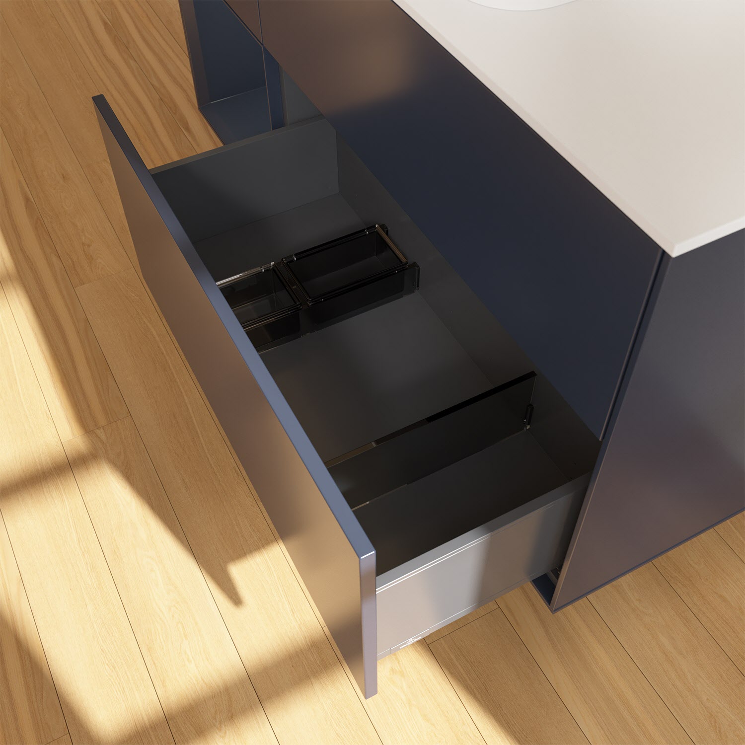 Villeroy & Boch Finion Waschtischunterschrank 120 cm mit Regalelement links und Abdeckplatte, mit Wandbeleuchtung