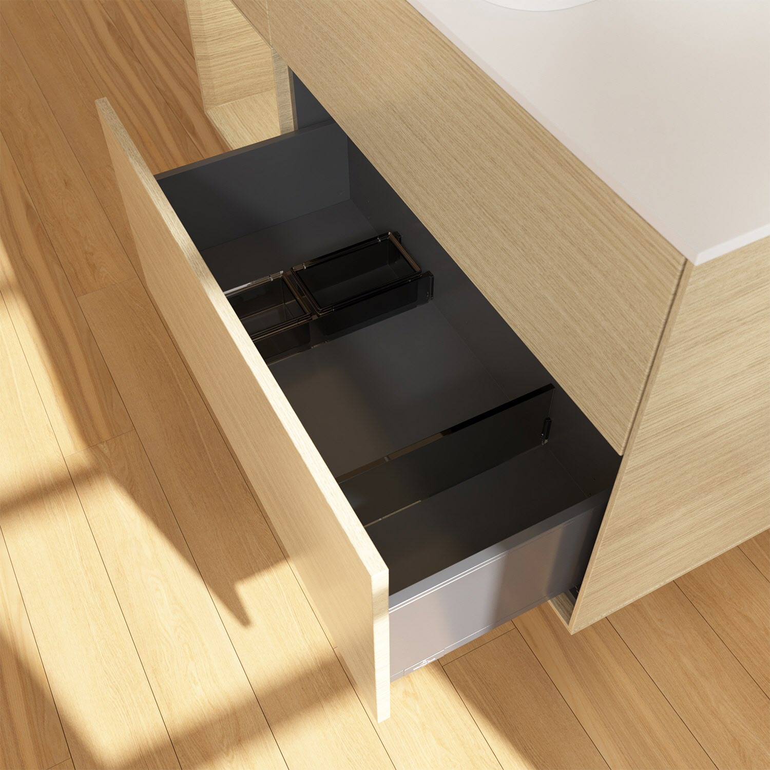 Villeroy & Boch Finion Waschtischunterschrank 120 cm mit Regalelement links und Abdeckplatte, mit Wandbeleuchtung