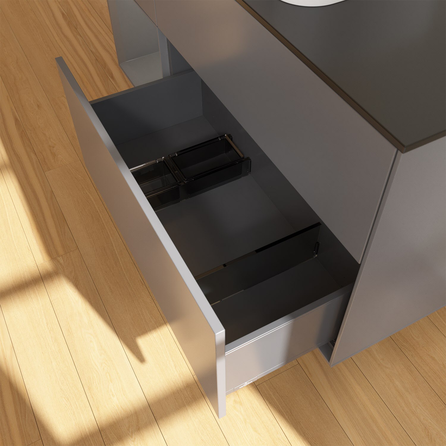 Villeroy & Boch Finion Waschtischunterschrank 120 cm mit Regalelement links und Abdeckplatte, mit Wandbeleuchtung