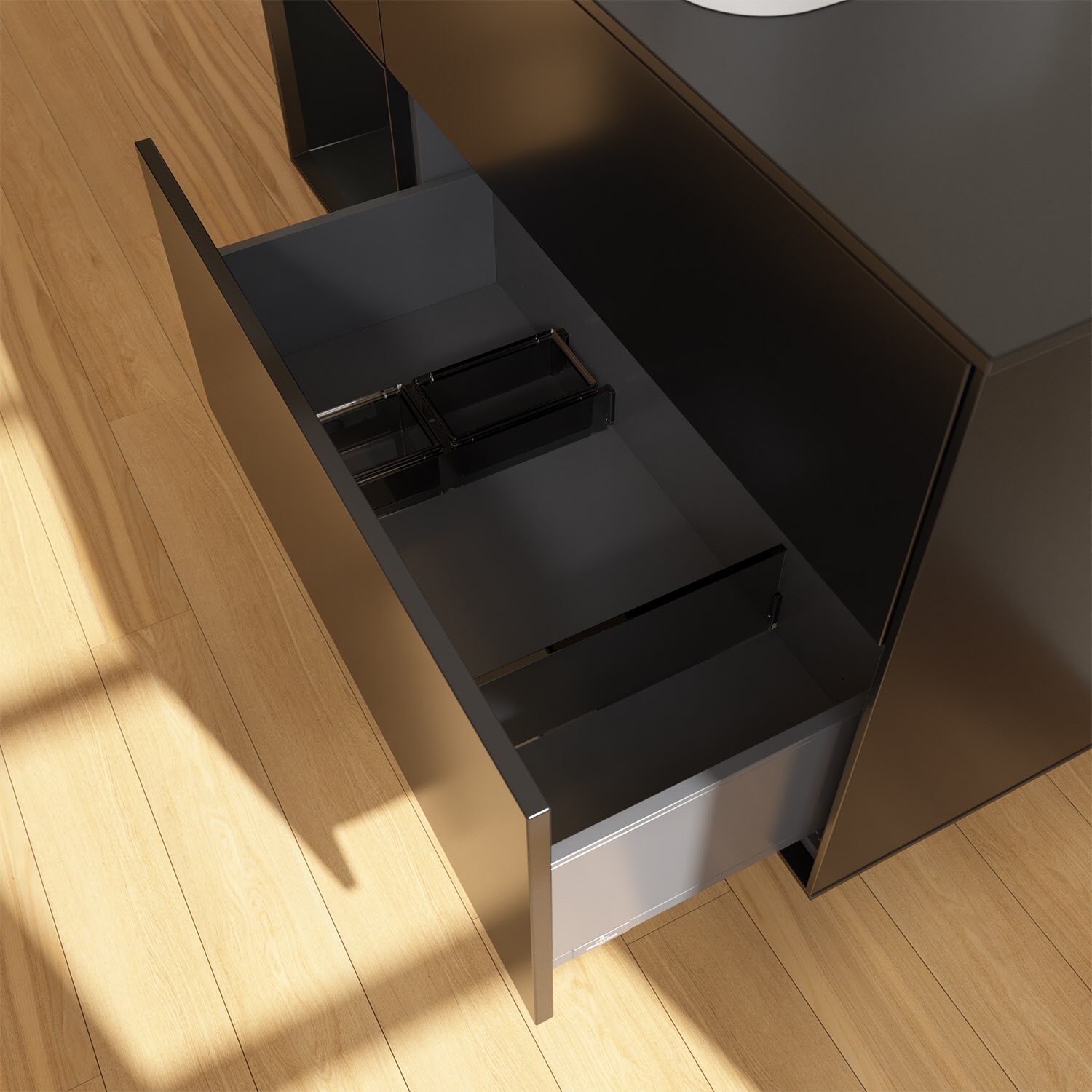 Villeroy & Boch Finion Waschtischunterschrank 120 cm mit Regalelement links und Abdeckplatte, mit Wandbeleuchtung