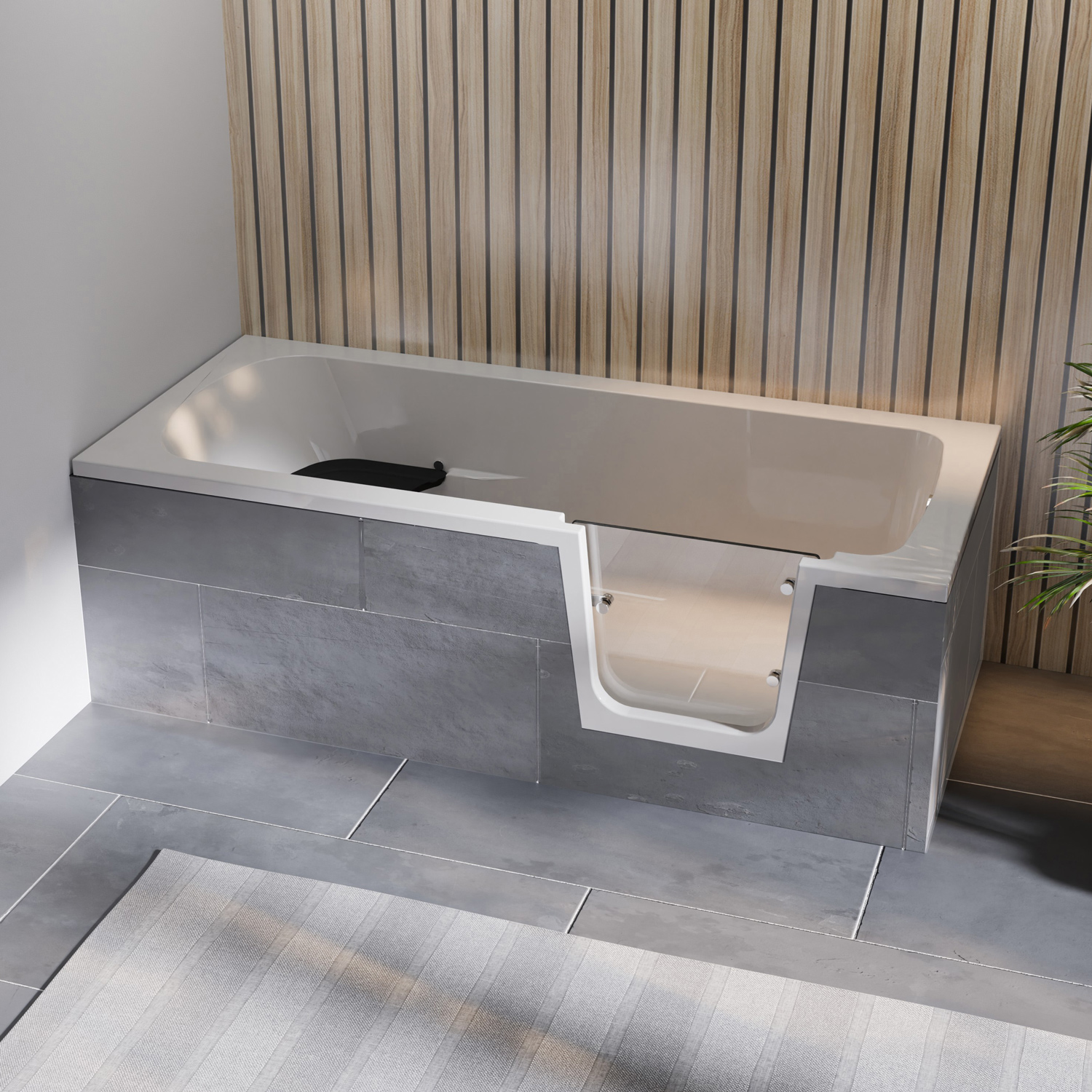 Steinkamp easy entry Badewanne 180 x 80 cm mit Glastür rechts, Trio Ablauf und Styrodurverkleidung