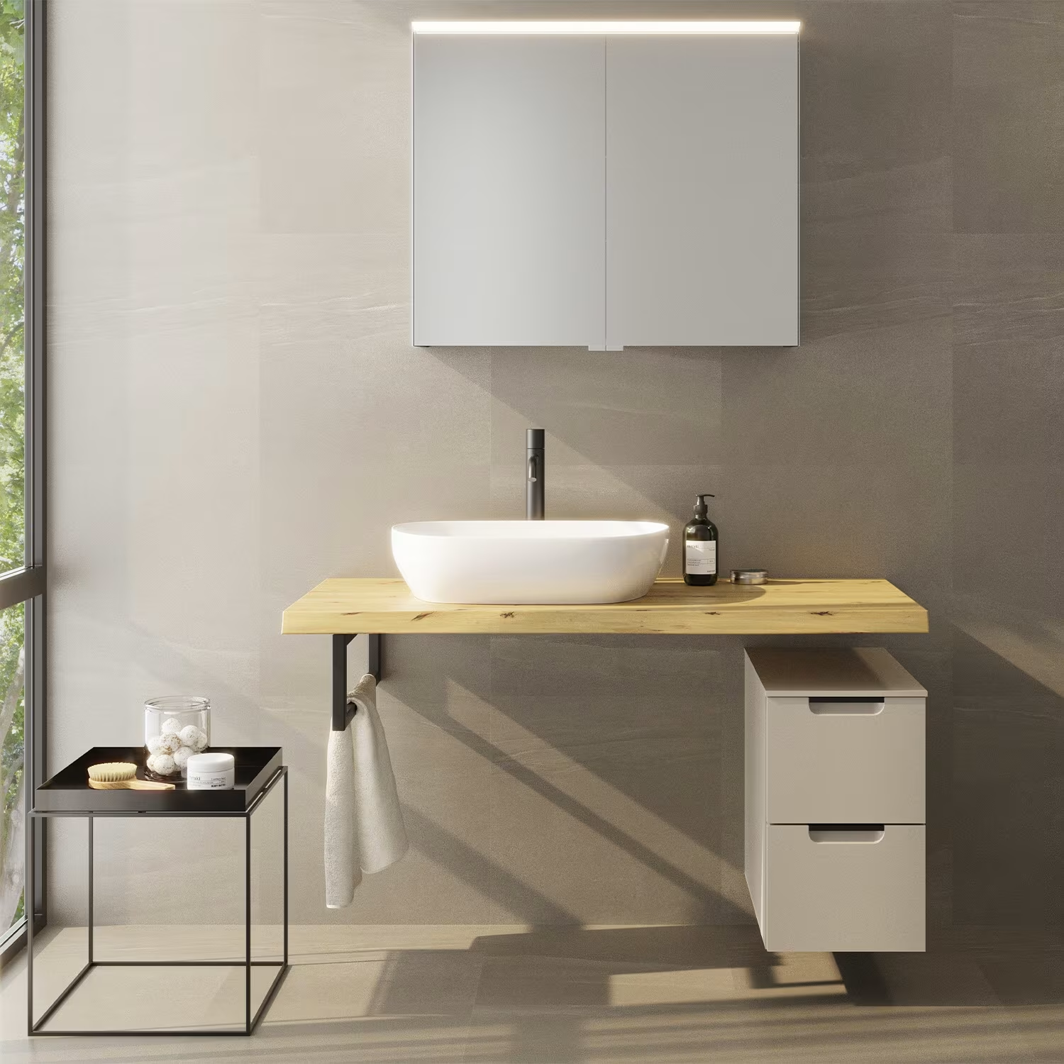 burgbad Ilo Konsolenplatte in einem hellen Bad mit mid century Akzenten